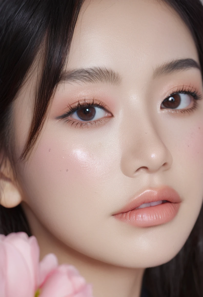 supermodel face, wide angle, front photo, (Photorealsitic)、(intricate detailes:1.2)、(​masterpiece、:1.3)、beauty face, (top-quality:1.4)、(超A high resolution:1.2)、超A high resolution、(A detailed eye)、(detailed facial features), ((Realistic lighting、top-quality、8K、natural light, ​masterpiece:1.3))、bright photo, Clear focus:1.2、1girl in、flawless beauty:1.4、Superfine Face、big Narrow-eyed、double eyelid、photos realistic, perfect eyes, perfect skin, detailed skin, detailed face, looking viewer, front view, potrait, raw photo, simple soft pink background, (intricate detailed skin textured:1.4) front view, looking viewer, clear face,  1 girl、porate、Bright and very beautiful face、beautiful girl, A stunning close-up portrait showcasing the beauty of a Korean model. The composition features soft, natural lighting , bright eyes, and striking cheekbones. Her glossy,  The background is simply black background,  wear black sweetshirt, neat hair, long hair, instagram model, profil picture, bright and natural