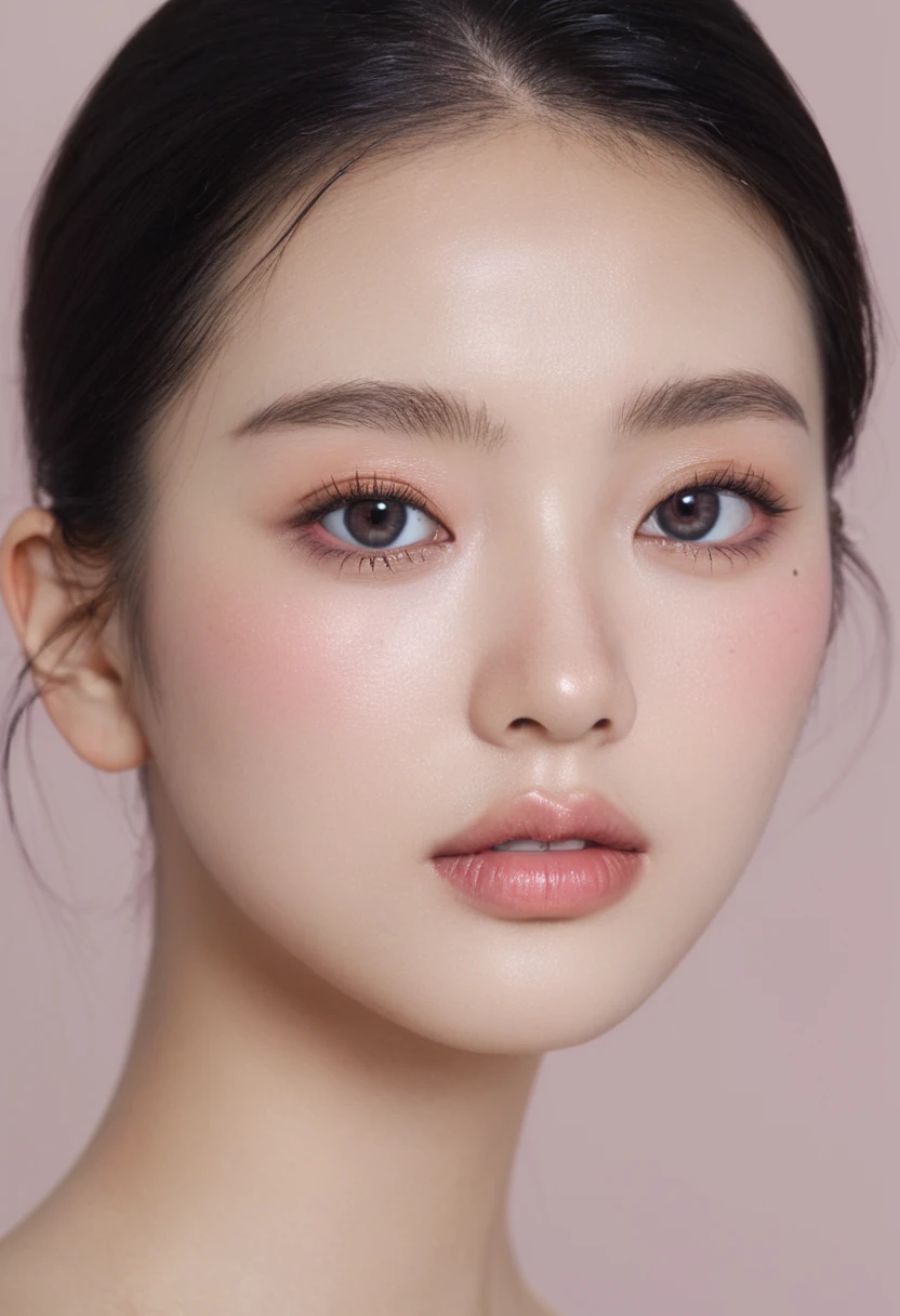supermodel face, wide angle, front photo, (Photorealsitic)、(intricate detailes:1.2)、(masterpiece、:1.3)、beauty face, (top-quality:1.4)、(超A high resolution:1.2)、超A high resolution、(A detailed eye)、(detailed facial features), ((Realistic lighting、top-quality、8K、natural light, masterpiece:1.3))、bright photo, Clear focus:1.2、1girl in、flawless beauty:1.4、Superfine Face、big Narrow-eyed、double eyelid、photos realistic, perfect eyes, perfect skin, detailed skin, detailed face, looking viewer, front view, potrait, raw photo, simple soft pink background, (intricate detailed skin textured:1.4) front view, looking viewer, clear face, 1 girl、porate、Bright and very beautiful face、beautiful girl, A stunning close-up portrait showcasing the beauty of a Korean model. The composition features soft, natural lighting , bright eyes, and striking cheekbones. Her glossy, The background is simply black background, wear black sweetshirt, neat hair, long hair, instagram model, profil picture, bright and natural