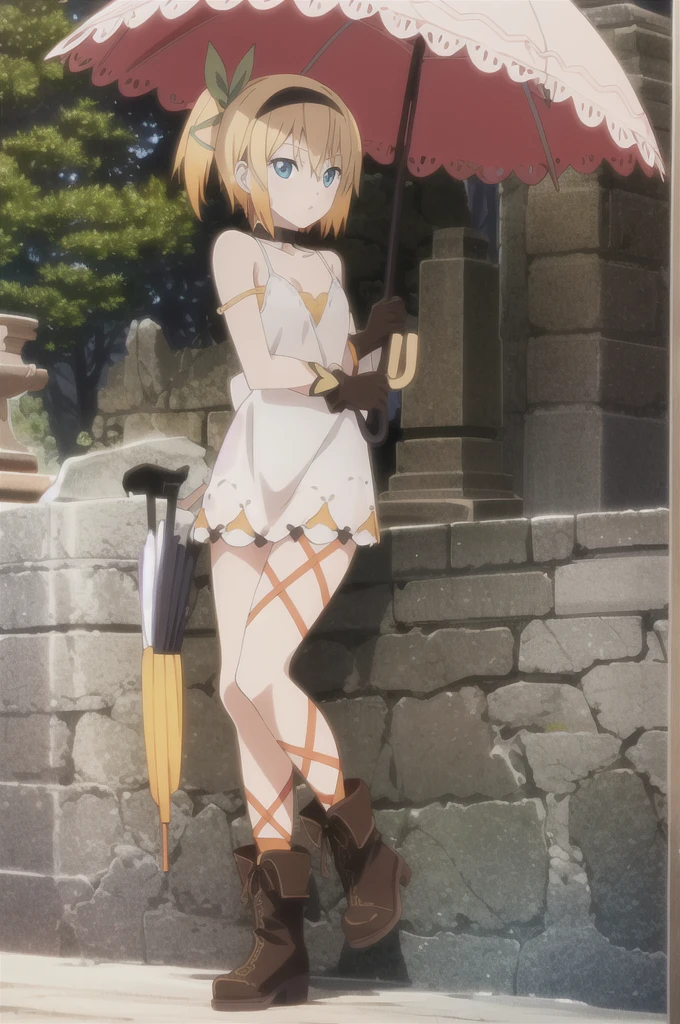 ((masterpiece)),((Highest quality)),Very detailed,Raising awareness,Explicit,beautiful body,beautiful Nose,beautiful character design,Perfect Eyes,Perfect Face,wallpaper,Ultra-high resolution,4K,photograph,(beautiful,Small breasts:1.2),(beautiful顔:1.2),beautiful足,Perfect Legs,Shiny skin,Official Style,Browsing Caution,Official Art,Create a screen capture,Anime Coloring,
One Girl,alone,umbrella,blonde,short hair,choker,Side Ponytail,ribbon,blue eyes,black choker,gloves,leg ribbon,片手gloves,hair band,whole body,hair ribbon,dress,View your viewers,tress ribbon,boots,Are standing,white dress,skirt,clavicle,Beach,Outdoor,Day,