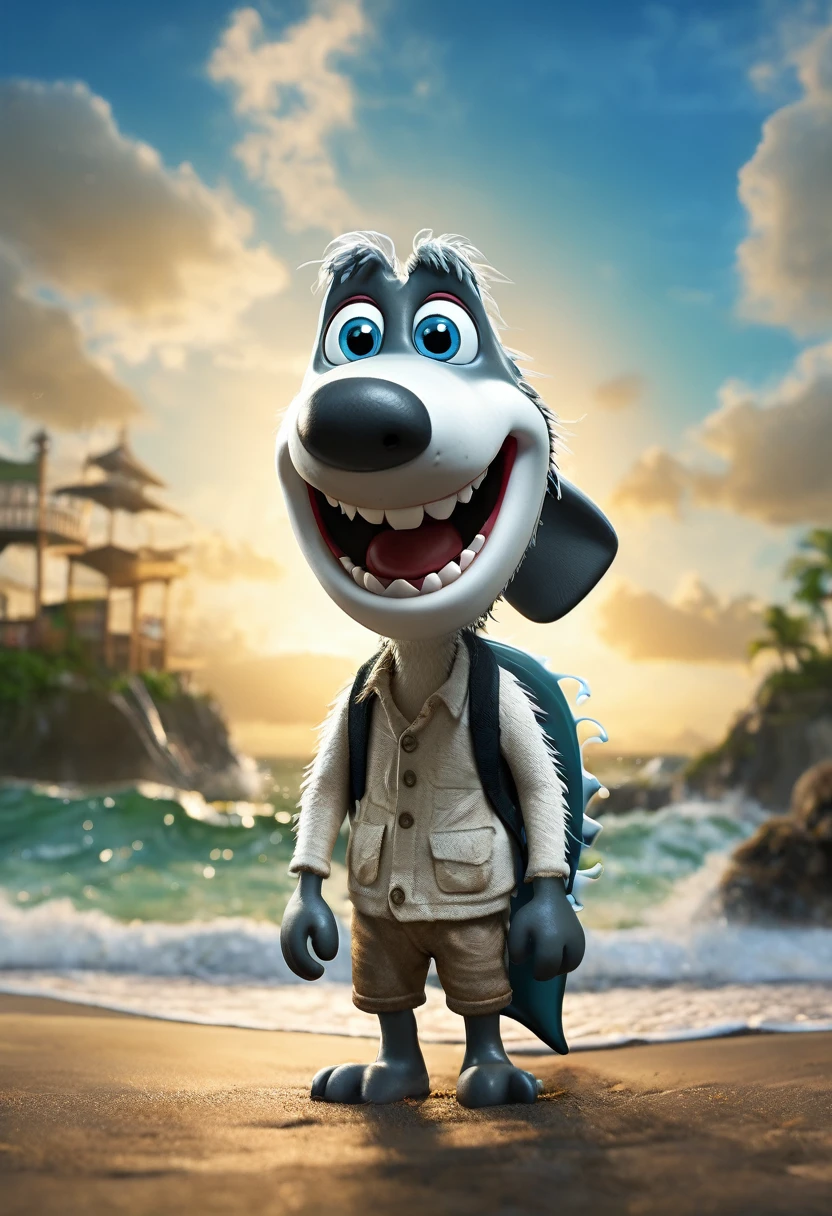 映画のような写真アニメーションのProfessionalモーションポスター、The main character is a cute and cool great white shark like Jaws、surfer、Cool pose、(cute、interesting:1.2)、Adventure Fantasy、Bokeh、Professional、4K、Very detailed