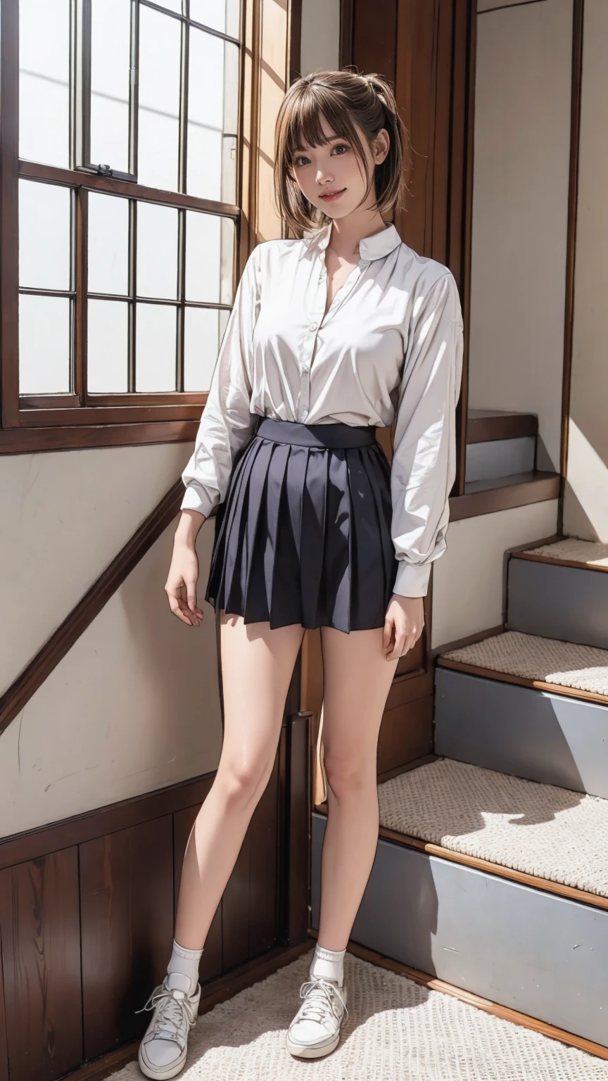 ((masterpiece)),(((Highest quality))),Thin thighs,Long legs,An 18-year-old woman standing on the steps of her school,Japan uniform:1.5,White camellia floral lace bra:1.5,open chest white shirt,The best smile,Short-cut blonde:1.5,short side wave,Wearing stylish sneakers,Spreading her legs