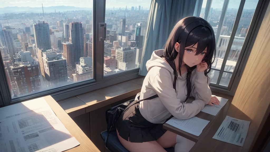 Absurd, Ultra-high resolution, (Official Art, beautifully、mysterious:1.2), Correct human body composition, Striking eyes, length, Shiny black hair, Larger than average bust, Girl listening to music with headphones, Drinking coffee and looking out the window, lo-fi girl, Oversized hoodie and short skirt, Makoto Shinkai and Artgelm, Anime atmosphere, Lofi Art Style, Anime style 8k, Anime Aesthetics, Lo-fi feel, Anime Art Wallpapers 8K, An atmosphere of praise, City Room, Teenage Girl's Room, A room for music lovers, city view from the window, Impressive cityscape, Bright sky