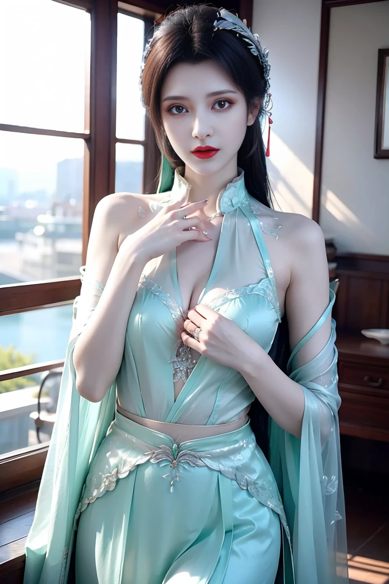 ((masterpiece)), best quality, (8K, best quality, masterpiece: 1.2), Extremely detailed, She wore an exquisite Chinese wedding dress，The skirt is embroidered with auspicious patterns of dragon and phoenix，Wearing a phoenix crown，Exquisite makeup，Red lip and white teeth，Beautiful eyes and eyebrows，Exudes an elegant and noble atmosphere。Her hair was tied in a bun，There is a red silk flower on it.，More gentle and charming。hand behind back