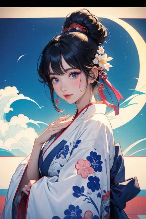 (Highest quality、masterpiece、High resolution、8K)、Vibrant colors、1 Female、Black hair Japanese topknot、whole body、Bon dance、着物は和装で白地に鮮やかなflower柄模様、Official Art、The background is Ukiyo-e style、White waves,Fuji Mountain,flower,moon,cloud,