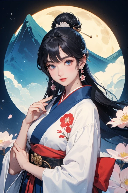 (Highest quality、masterpiece、High resolution、8K)、Vibrant colors、1 Female、Black hair Japanese topknot、whole body、Bon dance、着物は和装で白地に鮮やかなflower柄模様、Official Art、The background is Ukiyo-e style、White waves,Fuji Mountain,flower,moon,cloud,