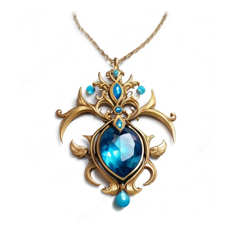 there is a necklace with a blue stone and a gold chain, Gold and gorgeous jewelry, Jewelry Design, period, 镶着Gorgeous jewelry, Gorgeous jewelry, Blue Jewels, Role Playing Game Items, necklace, Gorgeous jewelry, in mysterious style, Magic amulet, Gold Turquoise Steampunk, Baroque art jewelry, ethereal essence, blue adornements, Shadowverse Style