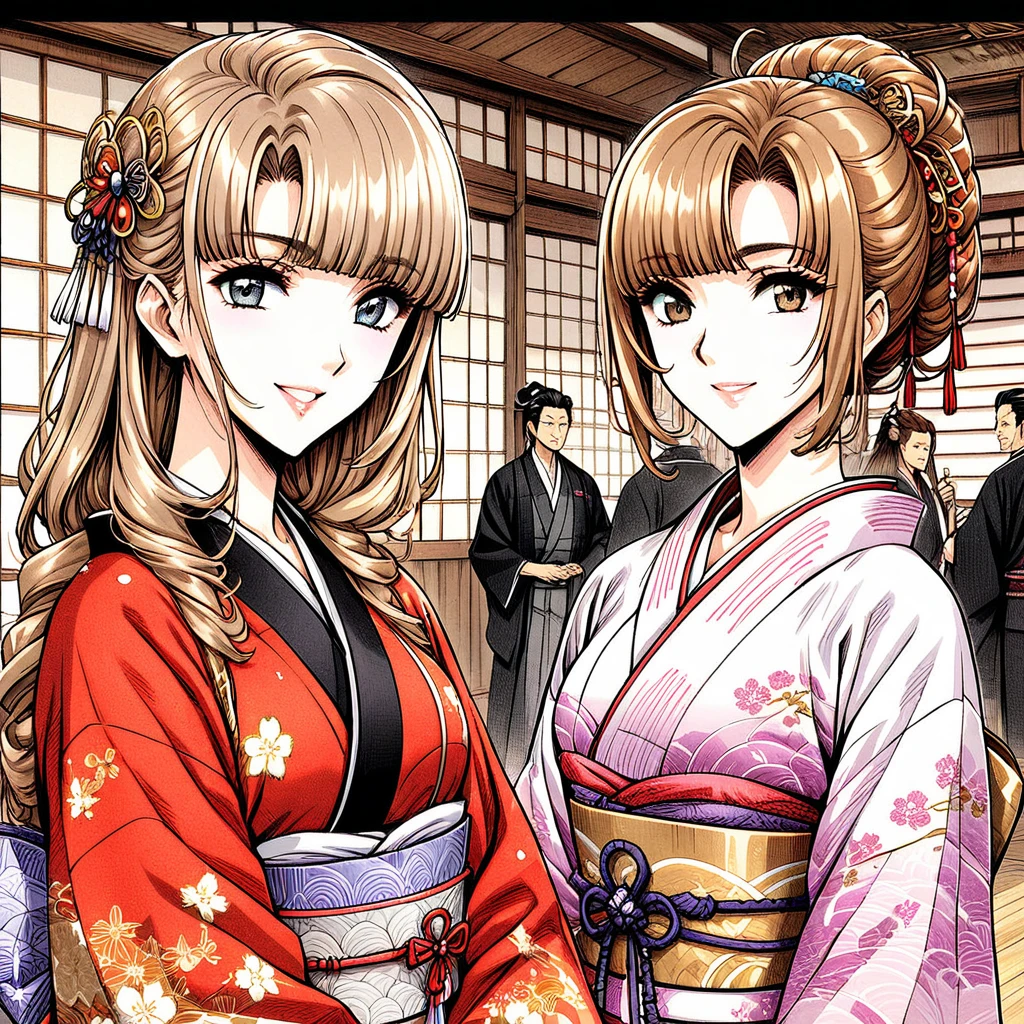 ((Highest quality)), ((masterpiece)), (detailed), (Perfect Face)、(That woman is Princess Leona., Long light brown hair and a happy smile, Located in a luxurious samurai residence.、The woman is wearing a gorgeous Japanese kimono with rich embroidery., Her hair is styled in a bunkin takashimada style., It is decorated with gorgeous ornaments from the Edo period., Includes a gorgeous hairpin.)