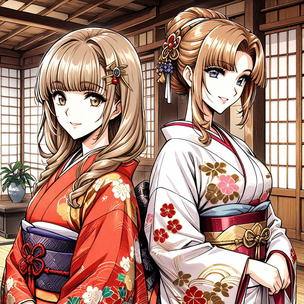 ((Highest quality)), ((masterpiece)), (detailed), （Perfect Face）、（That woman is Princess Leona., Long light brown hair and a happy smile, Located in a luxurious samurai residence.、The woman is wearing a gorgeous Japanese kimono with rich embroidery., Her hair is styled in a bunkin takashimada style., It is decorated with gorgeous ornaments from the Edo period., Includes a gorgeous hairpin.）