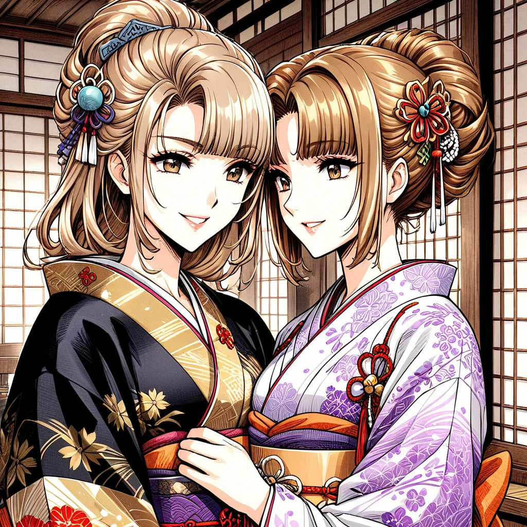 ((Highest quality)), ((masterpiece)), (detailed), (Perfect Face)、(That woman is Princess Leona., Long light brown hair and a happy smile, Located in a luxurious samurai residence.、The woman is wearing a gorgeous Japanese kimono with rich embroidery., Her hair is styled in a bunkin takashimada style., It is decorated with gorgeous ornaments from the Edo period., Includes a gorgeous hairpin.)