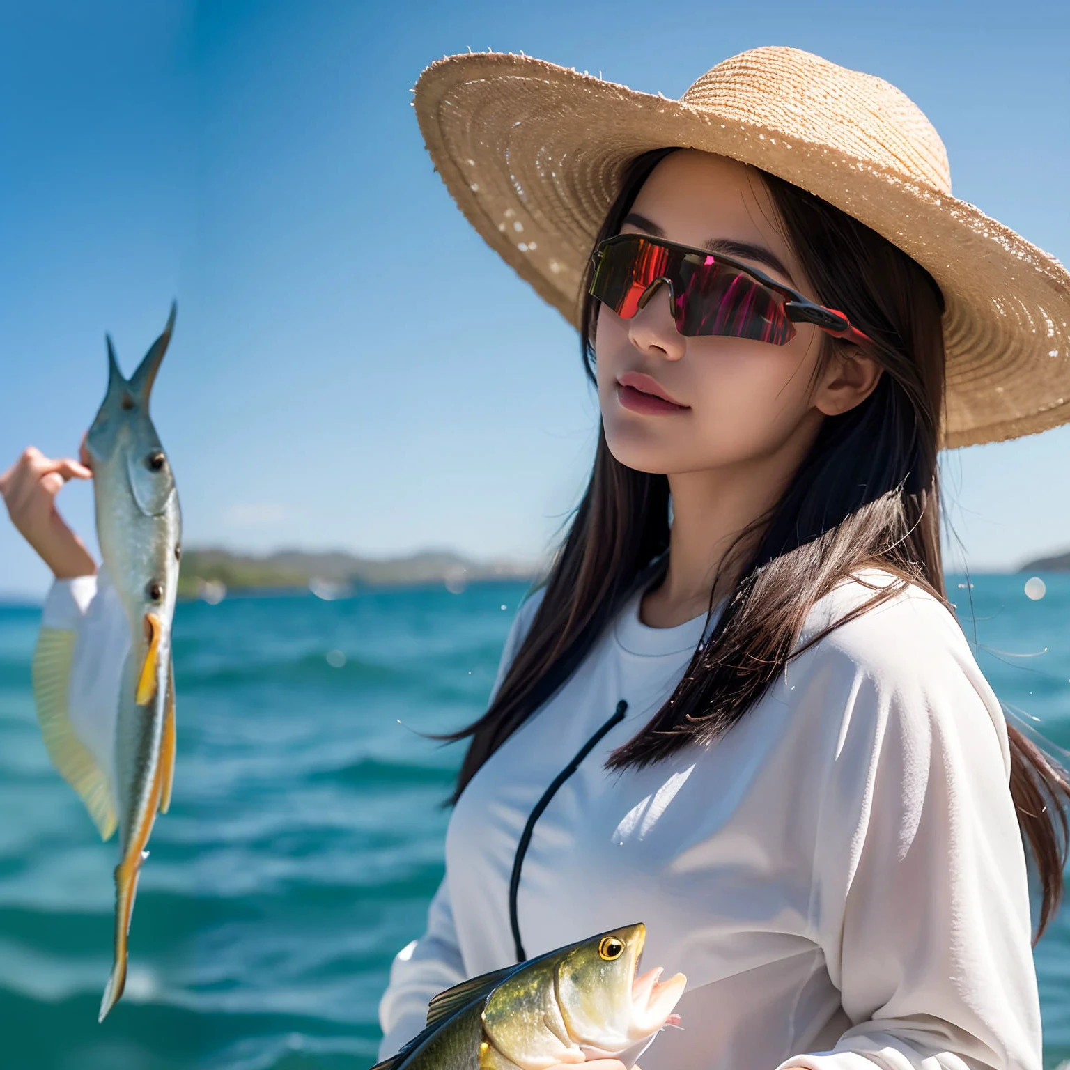 Woman in a straw hat holding a fish, Fish in the background, Queen of the Sea Mu Yanling, Fish mirror, Wear sunglasses, Fish mirrore, Dressed fisherman 🧥, wearing straw hat, Wearing sunglasses and a hat, Beautiful lady, pretty, Photos taken with Nikon D750, Photos taken with Nikon D750