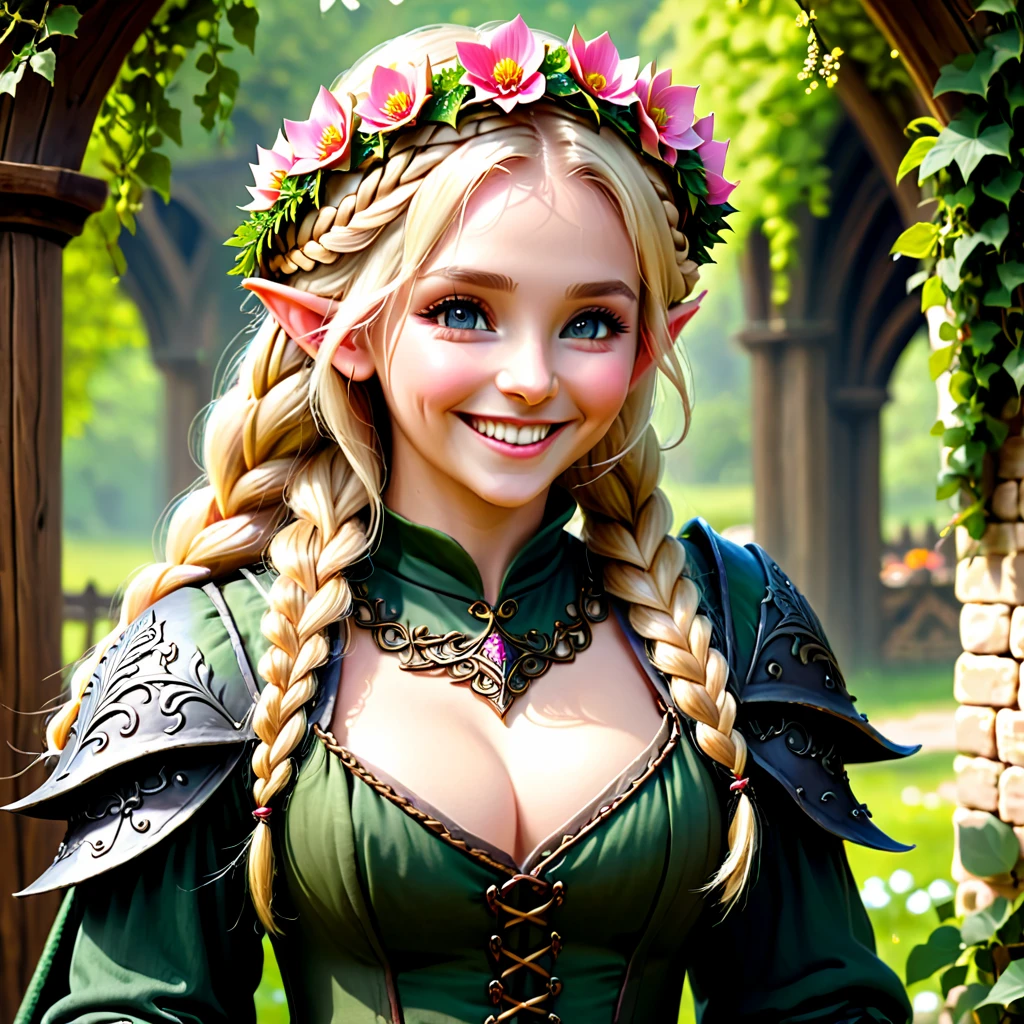  DnD artwork, work of art, ultra epic details, ultra detaild, best resolution, blonde, Braided hair, (BEAUTIFUL ELF, hole body), beautiful and rustic flower crown {olhos ultra detailds} ((rosto angelical)), sculptural body, ((nude brown outfit)) ((wearing medieval peasant clothing)), ((perfect hands))), ((expression of happiness)), (Grinning), great smile, Simple smile, TREES,
medieval scenery, medieval tavern, pink back ground