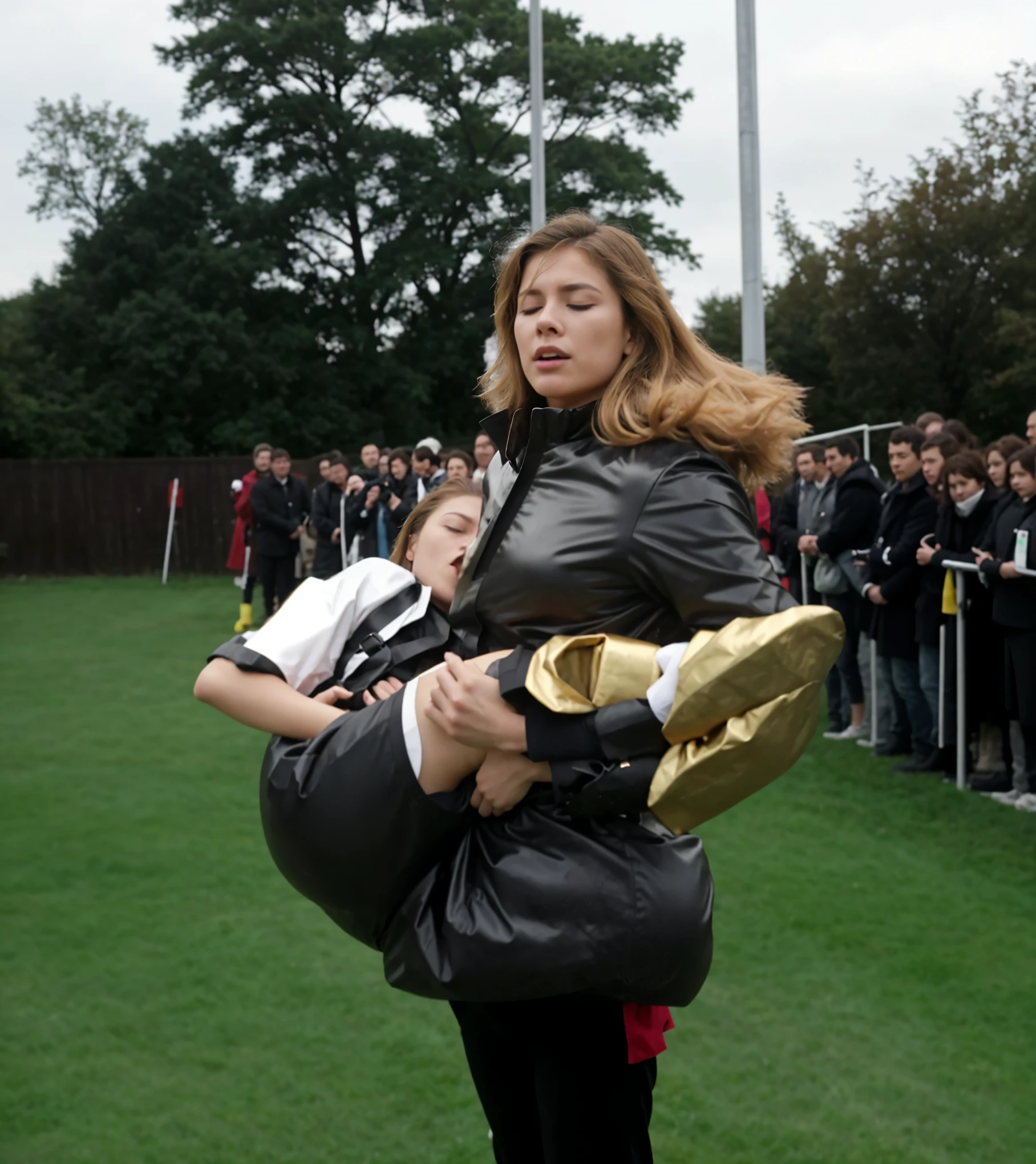 affection pose, lecherous action pose, dramatic action pose, theatralic pose, woman that is carrying a skinny man, there is a beautiful woman in a shiny coat who is carrying a blond man in her arms, a longhaired beautiful woman in a high-shine black puffy coat, a longhaired woman in a shiny downcoat, a woman is carrying a shorthaired man who is wearing black shorts, a weak man in black shorts is consciousless and needs to be carried, a shorthaired man with closed eyes is carried in the arms of a longhaired woman, a woman looks very scared and terrified, a consciousless man with closed eyes is suffering very much and has a very painful face, photo, photo shoot, photographed , accident, help, aid, first aid, pity