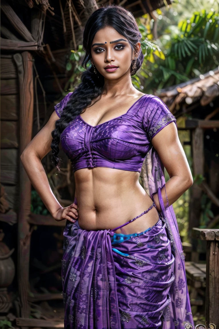 Young indian woman is wearing a full purple saree, village forest hut, blouse less saree,large ,big sexy chest,big ,detailed body and face, big bright eyes, charming, sexy, perfect anatomy, braid hair, detailed background, 8k,big chest