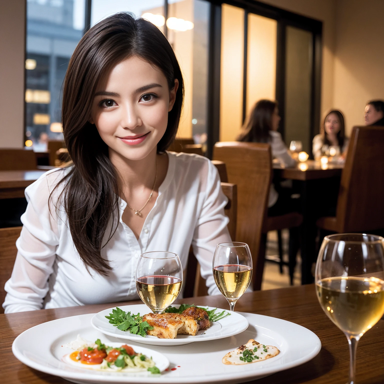 ((Highest quality、8K、masterpiece:1.3))、slimカップル、modelカップル、(Realistic, Intricate details:1.2), full-course dinner、Wine Party、Amazing view of the sunset sky and clouds、A bright smile、The wonderfulness of smile、Bright image、The beauty of wine, Beautiful Face, blue eyes, The light shines on your face, Blushing, short hair,Bright Face、 (Age 37), 39 years old, red wine 、Appetizers、Italian food、Wine bottle、Champagne、sparkling wine、Two beauties、Brown Hair、Shortcuts、Long sleeve shirt、dress、Beautiful woman 1, (slimな顔), (The body is slim), (Brown Hair), (Shortcuts), cheeks turn a little red,Attractive beauty、restaurant, In a prominent place (From the waist up) Nova Frog Style, actress, model, Upper Body, White wine, slim, wine glass, 中央に置かれたwine glass, smile, (smile: 1.15), Beautiful fine grain, Depth f/2,saturation, High Contrast, Strong light and shadow,Moist Body:1.5、3D texture、Delicate eyes、Brown Hair、The hair is very shiny、