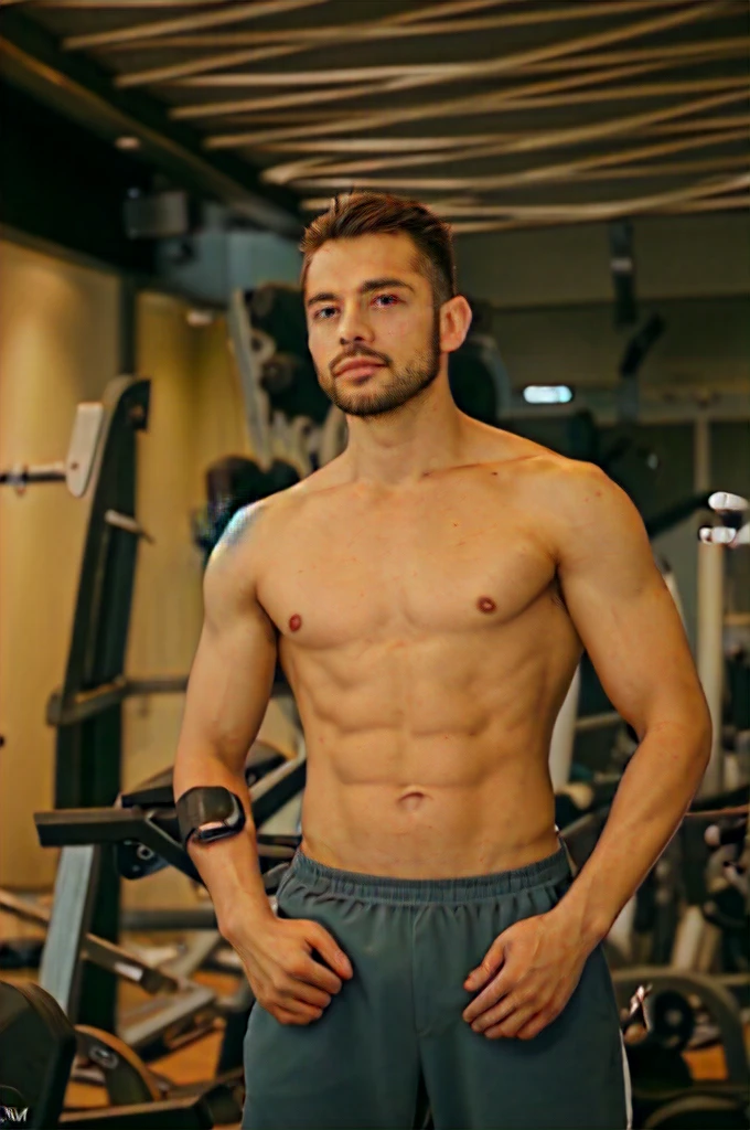 A skinny handsome guy without muscles in the gym, Natural Lighting, Prime Time, Warm and approachable mood, Clean, classic and intimate aesthetics, 8K Ultra HD, Digital SLR Camera, Soft lighting, high quality, Film Grain, Fuji XT3 1boy, , Upper Body,, (masterpiece,best quality:1.5)