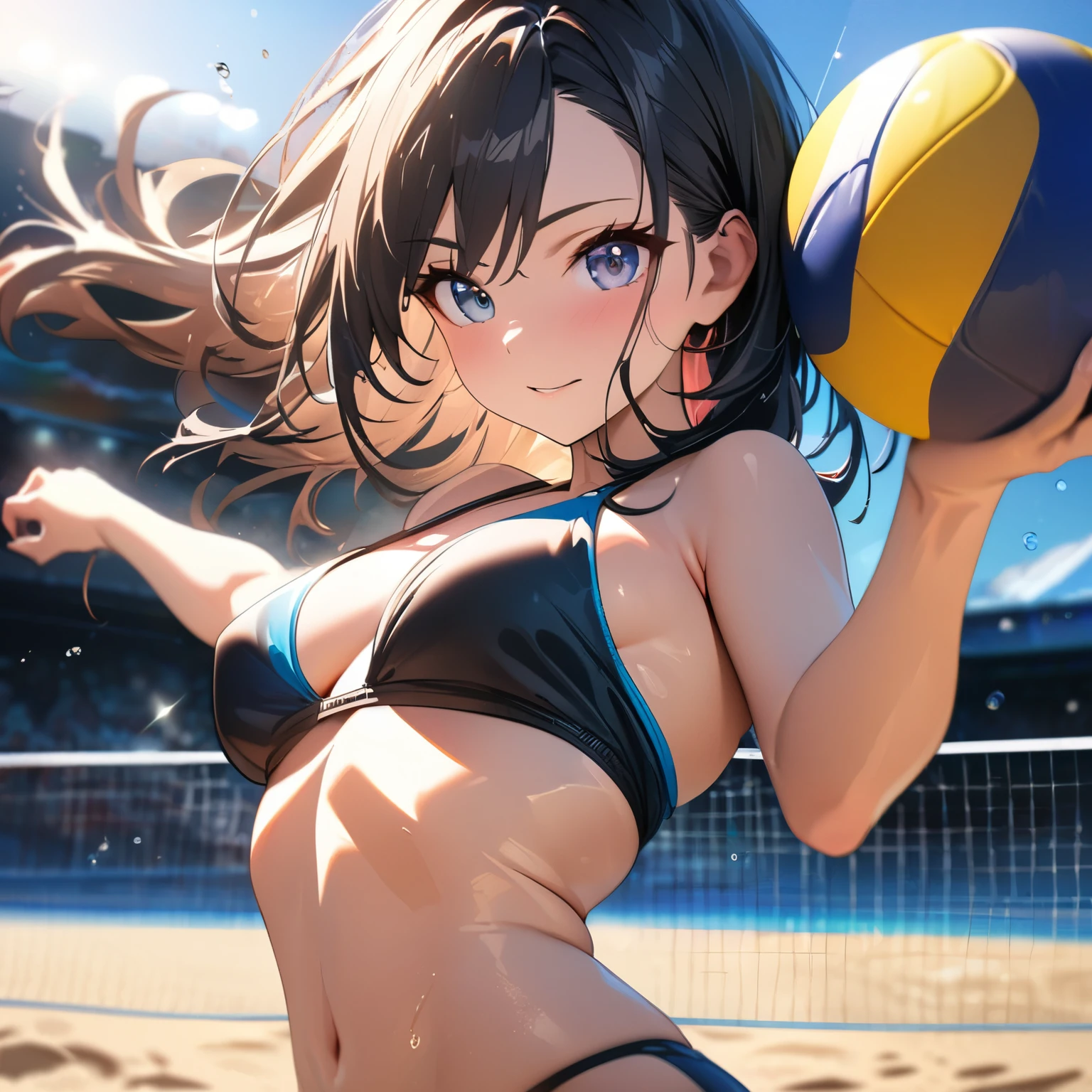 a beautiful girl playing beach volleyball on a sunny beach, athletic woman in bikini spiking the ball, detailed face and body, detailed volleyball court, clear blue sky background, dynamic action pose, masterpiece, high quality, intricate details, stunning colors, warm lighting, golden hour, (best quality,4k,8k,highres,masterpiece:1.2),ultra-detailed,HDR,UHD,studio lighting,ultra-fine painting,sharp focus,physically-based rendering,extreme detail description,professional,vivid colors,bokeh