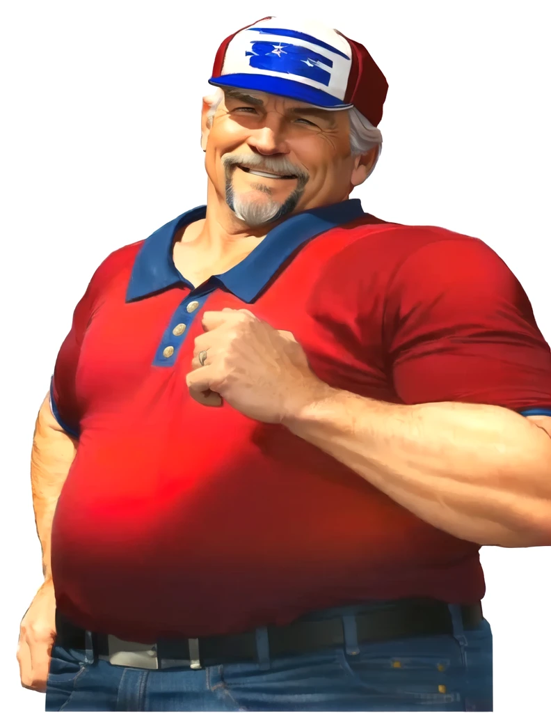 a close up of a man in his 60s wearing a red shirt and blue jeans, as a character in tekken, beefy, realistic textures, jeff bridges with a goatee, best friend smiling at you with encouragement, Out Run 2 flagman, 2 k, 2k, muscular bernie sanders, buff man, character from king of fighters, robust stocky body, hide the pain harold, name of character is flagman, wise face, his cap has a SEGA logo on it, (short GREY hair)