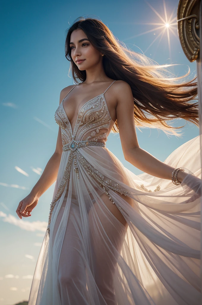 Create an image of a beautiful woman in Heaven as described in C.S. Lewis's "The Great Divorce." She should appear radiant, with an inner light emanating from her. Her features are youthful and vibrant, with striking, kind eyes and a warm, joyful smile. She moves with effortless grace, and her presence exudes profound peace and happiness. Her attire is a flowing, ethereal gown that shimmers as if woven from light, reflecting brilliant and pure colors. The gown is elegant yet simple, highlighting her inner beauty and spiritual purity. The overall image should convey a sense of heavenly transformation, where true beauty reflects one's virtuous nature and loving spirit. *perfect image, highly detailed, 8k resolution, perfect detailed eyes, perfect image, best face, no flaws, best image ever, photorealisic, perfect details*