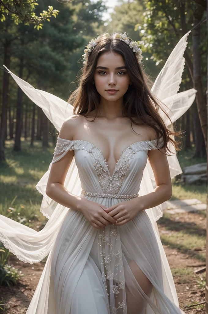 Create an image of a beautiful woman in Heaven as described in C.S. Lewis's "The Great Divorce." She should appear radiant, with an inner light emanating from her. Her features are youthful and vibrant, with striking, kind eyes and a warm, joyful smile. She moves with effortless grace, and her presence exudes profound peace and happiness. Her attire is a flowing, ethereal gown that shimmers as if woven from light, reflecting brilliant and pure colors. The gown is elegant yet simple, highlighting her inner beauty and spiritual purity. The overall image should convey a sense of heavenly transformation, where true beauty reflects one's virtuous nature and loving spirit. *perfect image, highly detailed, 8k resolution, perfect detailed eyes, perfect image, best face, no flaws, best image ever, photorealisic, perfect details*