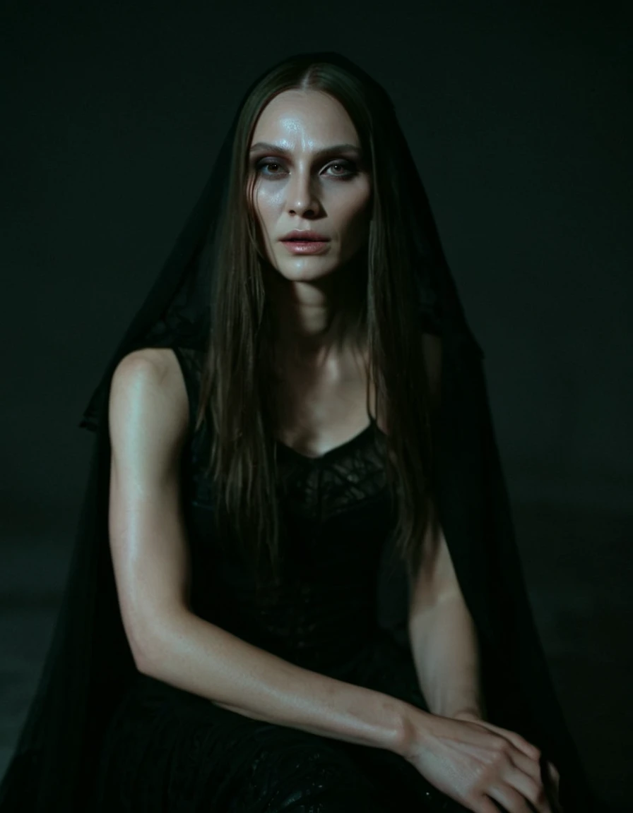 Fashionable of androgynous alien looking witch wearing veil, glowing eyes, beautiful evil slavic muscular woman, pale skin, long hair, minimal details, givenchy, photoreal, 200mm, hd, f/ 2.0, highly detailed, surreal, sitting, light smile, simple black stylish clothes, a slight smiledrop dead, in the style of red and blue, (intricate details, hyperdetailed:1.15) (skin texture:1.2), cinematic, professional, 4k, (((dynamic model pose))), sitting, full body, mesmerizing, dynamic, dramatic, sensual, dynamic pose, highly detailed skin with hair, subcutaneous veins, light and shadow play, highly detailed,24mm photograph, film, bokeh, professional, 4k,