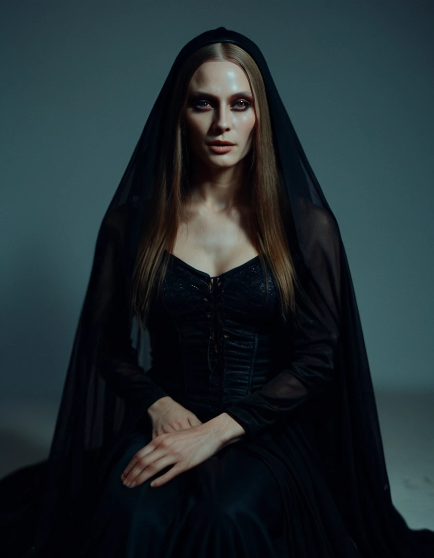 Fashionable of androgynous alien looking witch wearing veil, glowing eyes, beautiful evil slavic muscular woman, pale skin, long hair, minimal details, givenchy, photoreal, 200mm, hd, f/ 2.0, highly detailed, surreal, sitting, light smile, simple black stylish clothes, a slight smiledrop dead, in the style of red and blue, (intricate details, hyperdetailed:1.15) (skin texture:1.2), cinematic, professional, 4k, (((dynamic model pose))), sitting, full body, mesmerizing, dynamic, dramatic, sensual, dynamic pose, highly detailed skin with hair, subcutaneous veins, light and shadow play, highly detailed,24mm photograph, film, bokeh, professional, 4k,