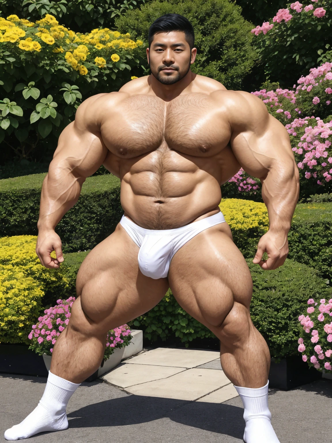 There is only one handsome Asian actor in the photo，35 years old，High target, Fitness，short hair, O-Shaped Beard，Perfect body, Dark skin color，Radiant Skin，Smooth skin，Shiny, shiny skin，Smooth pectoral muscles，No chest hair，No body hair，Muscle bulge, muscular, Very large pectoral muscles，Very sexy abdominal muscles，Very well-developed leg muscles，Huge concave and convex area，Brightens oily skin，Wear a transparent thong，Handsome face， Correct and accurate male body proportions, Wear white socks，Stand among the flowers。

