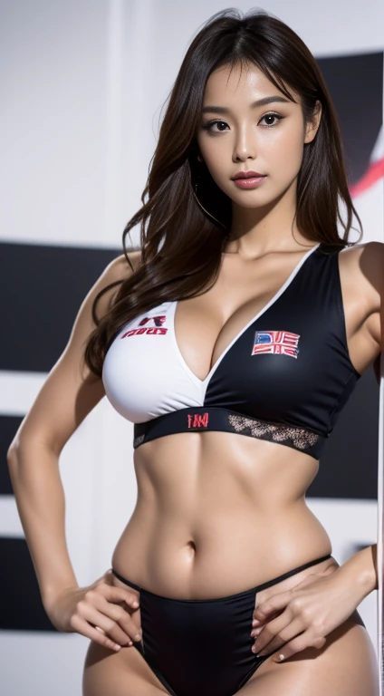 masterpiece:1.3), Super detailed, Ultra-high resolution, (Realistic, photo Realistic:1.37), High-definition RAW color photos, Professional photos, ((Hyperrealism)), (Depth of written boundary), Full Sharp:1.2, (1 European girl, Hot Model, 18-year-old), With a perfect body, Very beautiful face and eyes, ((Heavy makeup, [[Pink lipstick]], eyeliner)), (Perfect proportions), (Anatomically correct), ((Displaying the viewer)), ((Super high quality natural hair)), (((black、white (((Side-combed hair))), Woman in a cheerleader outfit, ((Raise the checkered flag, blackとwhiteのチェック柄:1.4)), photo shoot, Race Car, (Lace style:1.1), ((Raising the Flag, Only one number, Go-go dancer, Flare, 3 4 5 3 1 , pinned down, pinned down:1.4)), (Big ample :1.1)), (Tight waist:1.2), Moderate ASS, ((hiteくする, Slim face)), Beautiful cheekbones, Slim Belly: 1.2, (Very slim, Muscular body:1.1), ((Highly detailed face)), Attention to detail, double eyelid, (erotic:1.3isfied smile, Gorgeous appearance, Stunning appearance, ((Cowboy Shot)), (Dynamic pose: 1.4), Race track in the background、Whole body erogenous zone、Full body aphrodisiac loti