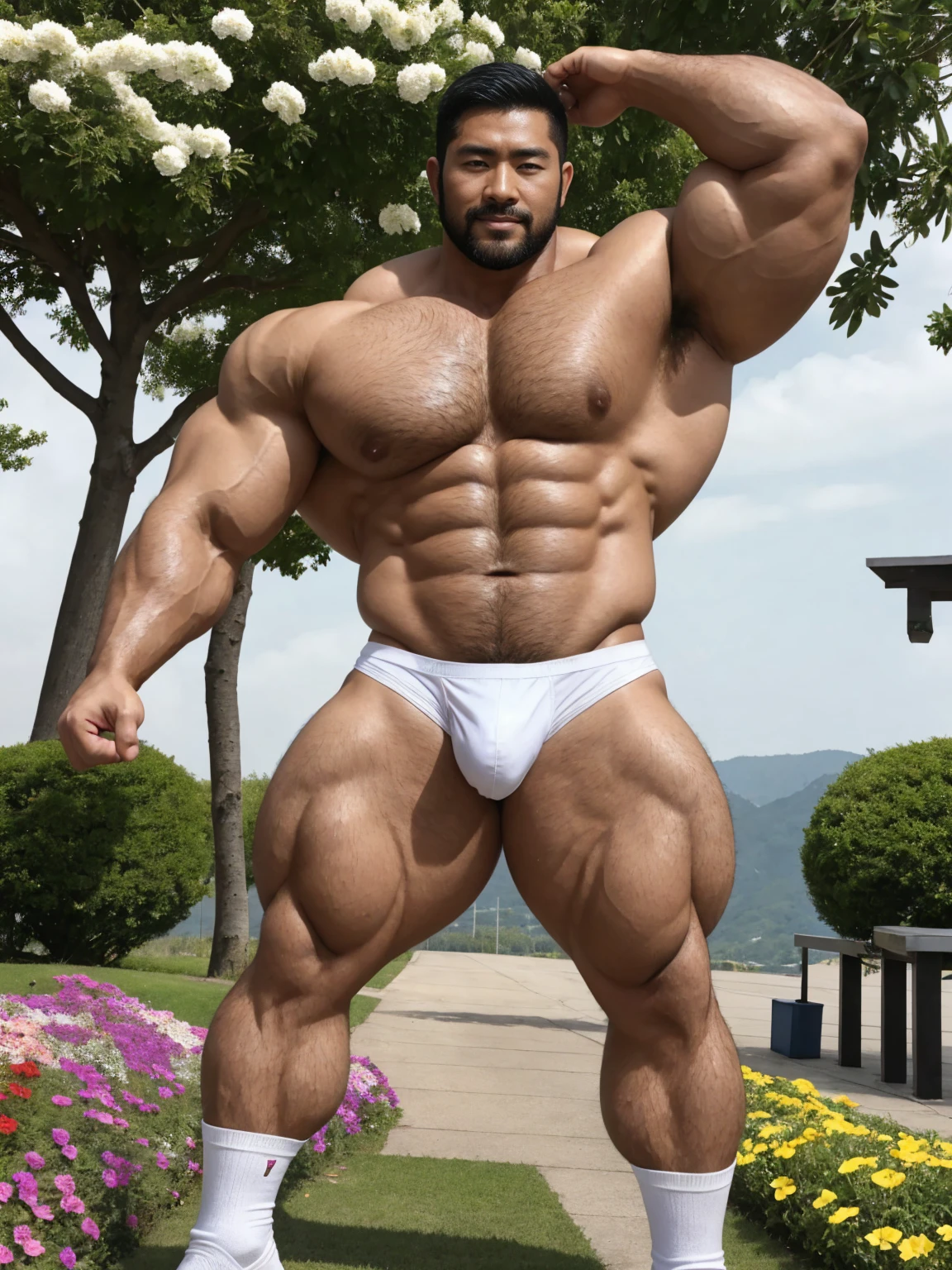 There is only one handsome Asian actor in the photo,35 years old,High target, Fitness,short hair, O-Shaped Beard,Perfect body, Dark skin color,Radiant Skin,Smooth skin,Shiny, shiny skin,Smooth pectoral muscles,No chest hair,No body hair,Muscle bulge, muscular, Very large pectoral muscles,Very sexy abdominal muscles,Very well-developed leg muscles,Huge concave and convex area,Brightens oily skin,Wear a transparent thong,Handsome face, Correct and accurate male body proportions, Wear white socks,Stand among the flowers。