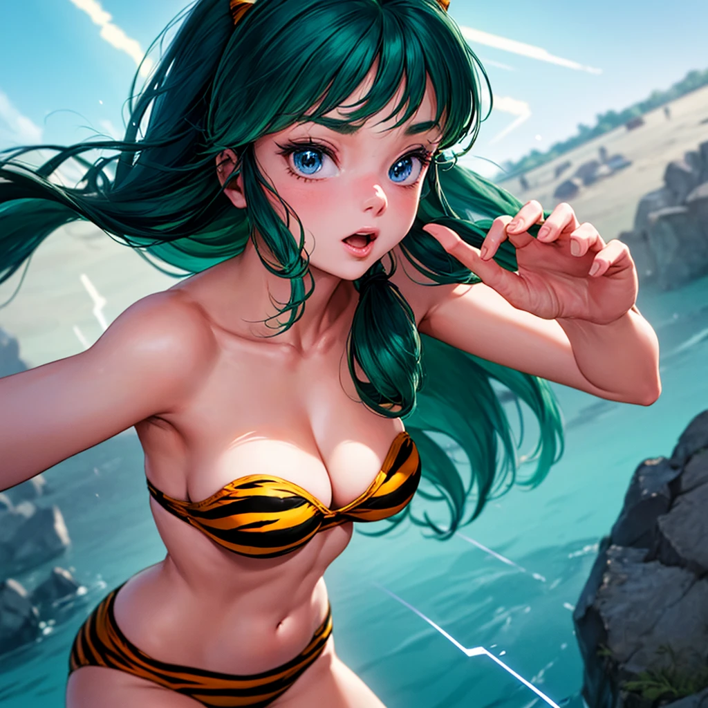 /gen (score_9, score_8_up, score_7_up), masterpiece, best quality, absurdres, unity, 8k, wallpaper, hi res, BREAK highly detailed face, highly detailed eyes, perfect anatomy, super detailed skin, (outdoors, beach, seaside, beautiful landscape, island, 1980s style, anime style, (face focus, close-up face:1.3), (dynamic angle, dynamic pose:1.3), (lum:1.5), 1girl, (flying:1.3), floating in air, floating under seabeach, animal print, strapless_bikini, breasts, cleavage, full_body, large breasts, (two-tone hair, green hair, black hair:1.3), floating hair, groin, small horns, (cowboy shot), looking at viewer, navel, print bikini, (solo:1.3), swimsuit, tiger print, tiger stripes, (electrokinetic, electricity:1.3), lightning from hand, no glowing, pixel style
+detmore
+hq
-WL