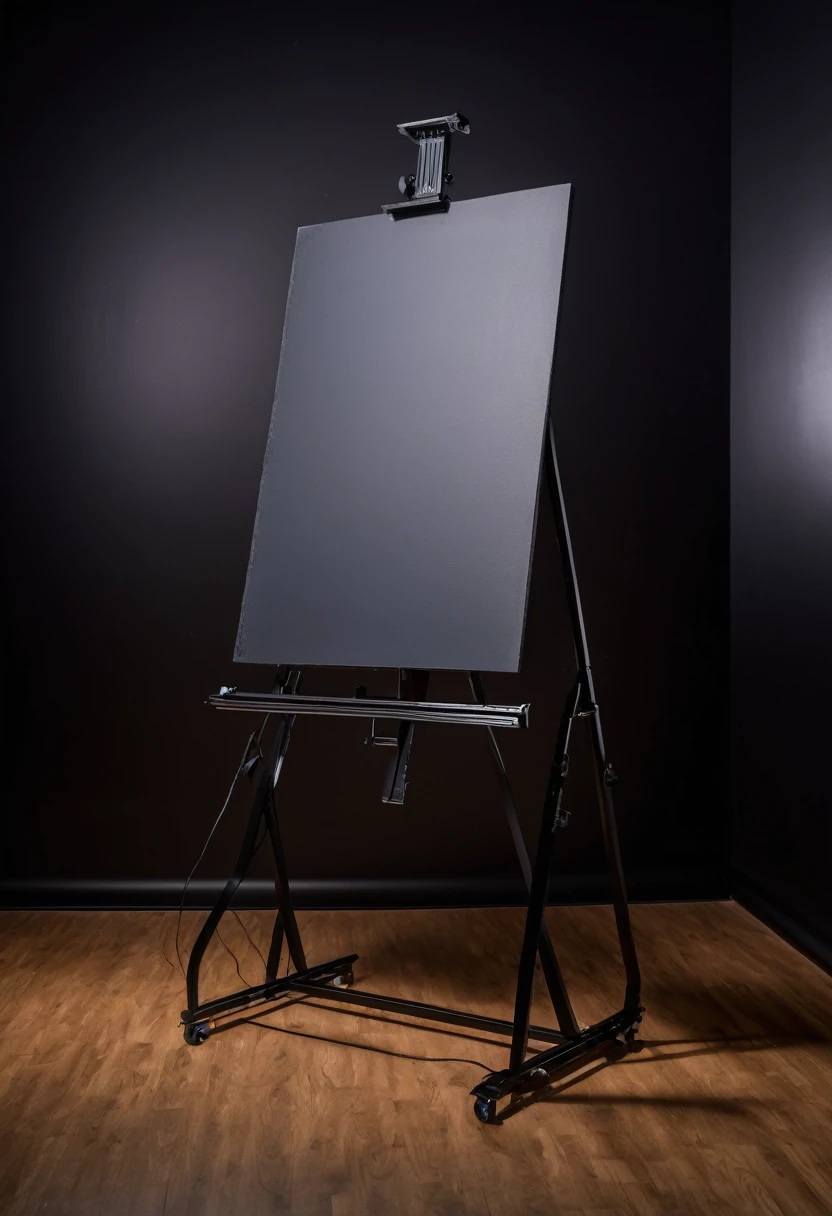 Advertising photograph (8k masterpeice) of copy-stand in blackout studio. Contemporary painting on the copy-stand baseboard, canon 90mm, fill frame.