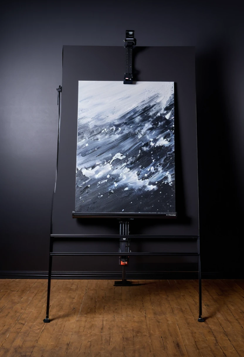 Advertising photograph (8k masterpeice) of copy-stand in blackout studio. Contemporary painting on the copy-stand baseboard, canon 90mm, fill frame.