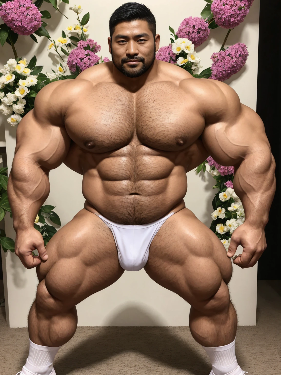 There is only one handsome Asian actor in the photo,35 years old,High target, Fitness,short hair, O-Shaped Beard,Perfect body, Dark skin color,Radiant Skin,Smooth skin,Shiny, shiny skin,Smooth pectoral muscles,No chest hair,No body hair,Muscle bulge, muscular, Very large pectoral muscles,Very sexy abdominal muscles,Very well-developed leg muscles,Huge concave and convex area,Brightens oily skin,Wear a transparent thong,Handsome face, Correct and accurate male body proportions, Wear white socks,Stand among the flowers。