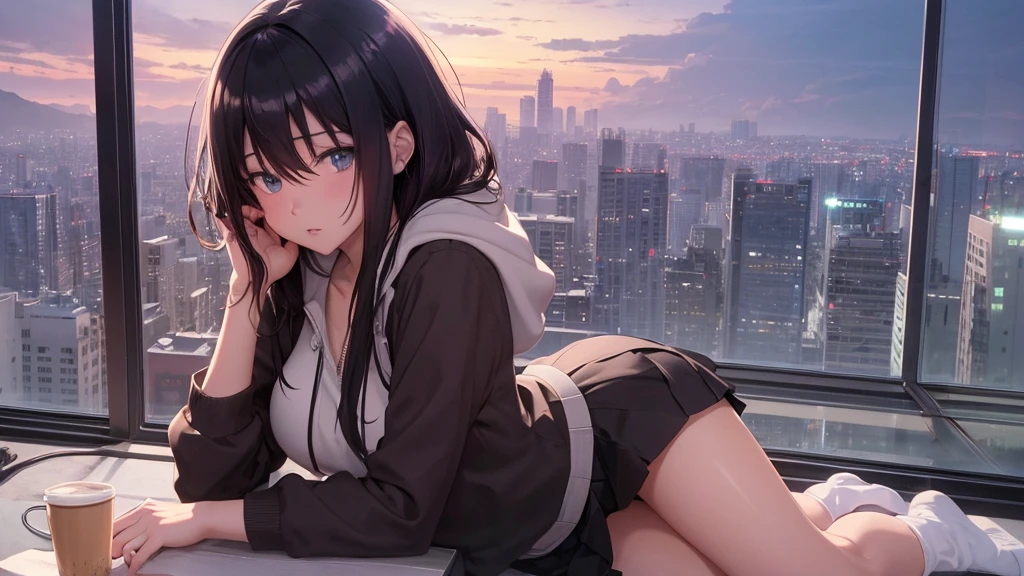 Absurd, Ultra-high resolution, (Official Art, beautifully、mysterious:1.2), Correct human body composition, Striking eyes, length, Shiny black hair, Larger than average bust, Girl listening to music with headphones, Looking out the window, Coffee on the desk, lo-fi girl, Oversized hoodie and short skirt, Makoto Shinkai and Artgelm, Anime atmosphere, Lofi Art Style, Anime style 8k, Anime Aesthetics, Lo-fi feel, Anime Art Wallpapers 8K, An atmosphere of praise, City Room, age Girl's Room, A room for music lovers, city view from the window, Impressive cityscape, Bright sky