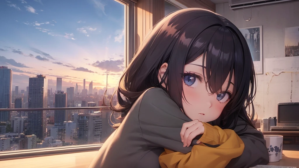 Absurd, Ultra-high resolution, (Official Art, beautifully、mysterious:1.2), Correct human body composition, Striking eyes, length, Shiny black hair, Larger than average bust, Girl listening to music with headphones, Looking out the window, Coffee on the desk, lo-fi girl, Oversized hoodie and short skirt, Makoto Shinkai and Artgelm, Anime atmosphere, Lofi Art Style, Anime style 8k, Anime Aesthetics, Lo-fi feel, Anime Art Wallpapers 8K, An atmosphere of praise, City Room, Teenage Girl's Room, A room for music lovers, city view from the window, Impressive cityscape, Bright sky