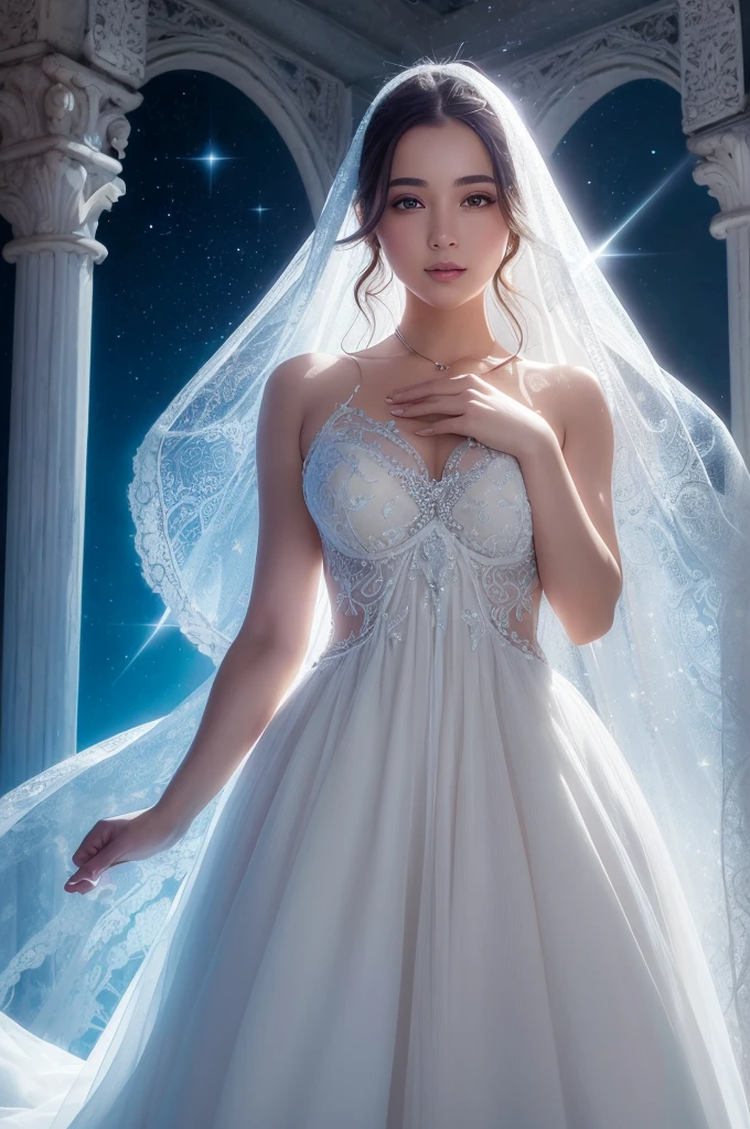 Create an image of a beautiful woman in Heaven as described in C.S. Lewis's "The Great Divorce." She should appear radiant, with an inner light emanating from her. Her features are youthful and vibrant, with striking, kind eyes and a warm, joyful smile. She moves with effortless grace, and her presence exudes profound peace and happiness. Her attire is a flowing, ethereal gown that shimmers as if woven from light, reflecting brilliant and pure colors. The gown is elegant yet simple, highlighting her inner beauty and spiritual purity. The overall image should convey a sense of heavenly transformation, where true beauty reflects one's virtuous nature and loving spirit. *perfect image, highly detailed, 8k resolution, perfect detailed eyes, perfect image, best face, no flaws, best image ever, photorealisic, perfect details*