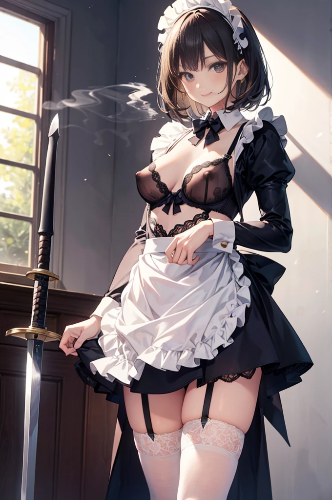 (masterpiece), woman,Frilled maid costume,Long skirt, Small breasts,Natural light, Realistic, Diffuse Light, skinny, vapor, (Please lift your skirt), (urination), With a smile.garter belt,Lace Stockings,Long nipples,Areola,See-through bra, Frill apron,sword on waist,Sword training