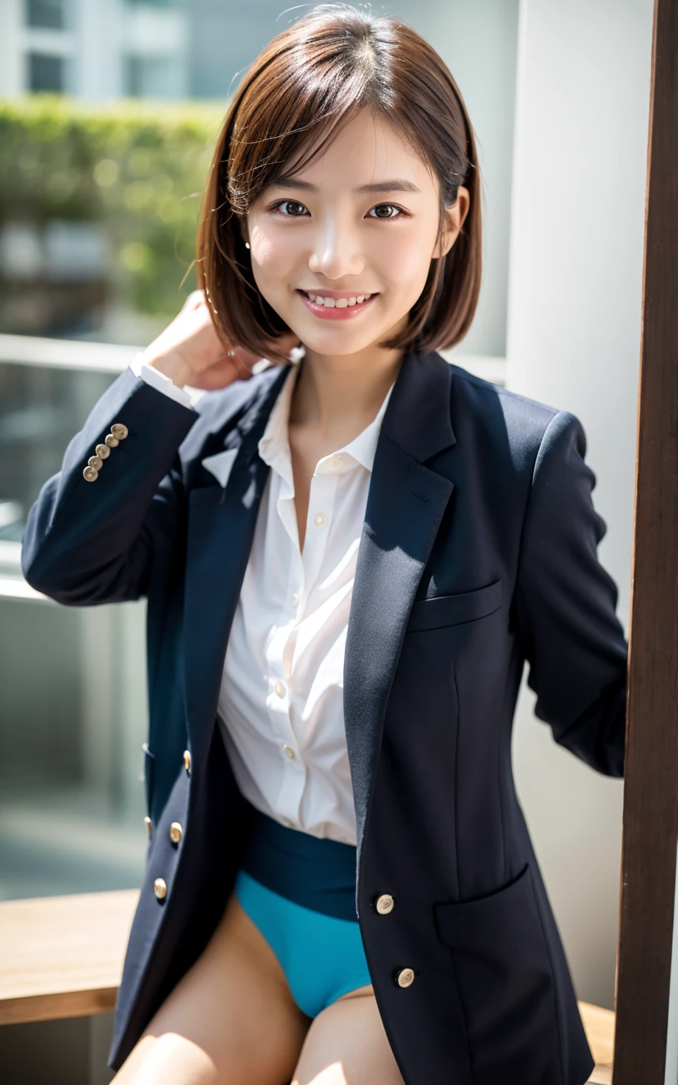 Cross your arms,Inside the office、Wearing a business jacket,Wear a shirt,look at the camera with a smile、（Panties:1.8）、woman, 20-year-old, Short Hair,私のPantiesを露出させてください...、(レースのPantiesー)、(Tilt your head a little)、Detailed skin、Detailed skin、Detailed Sweat