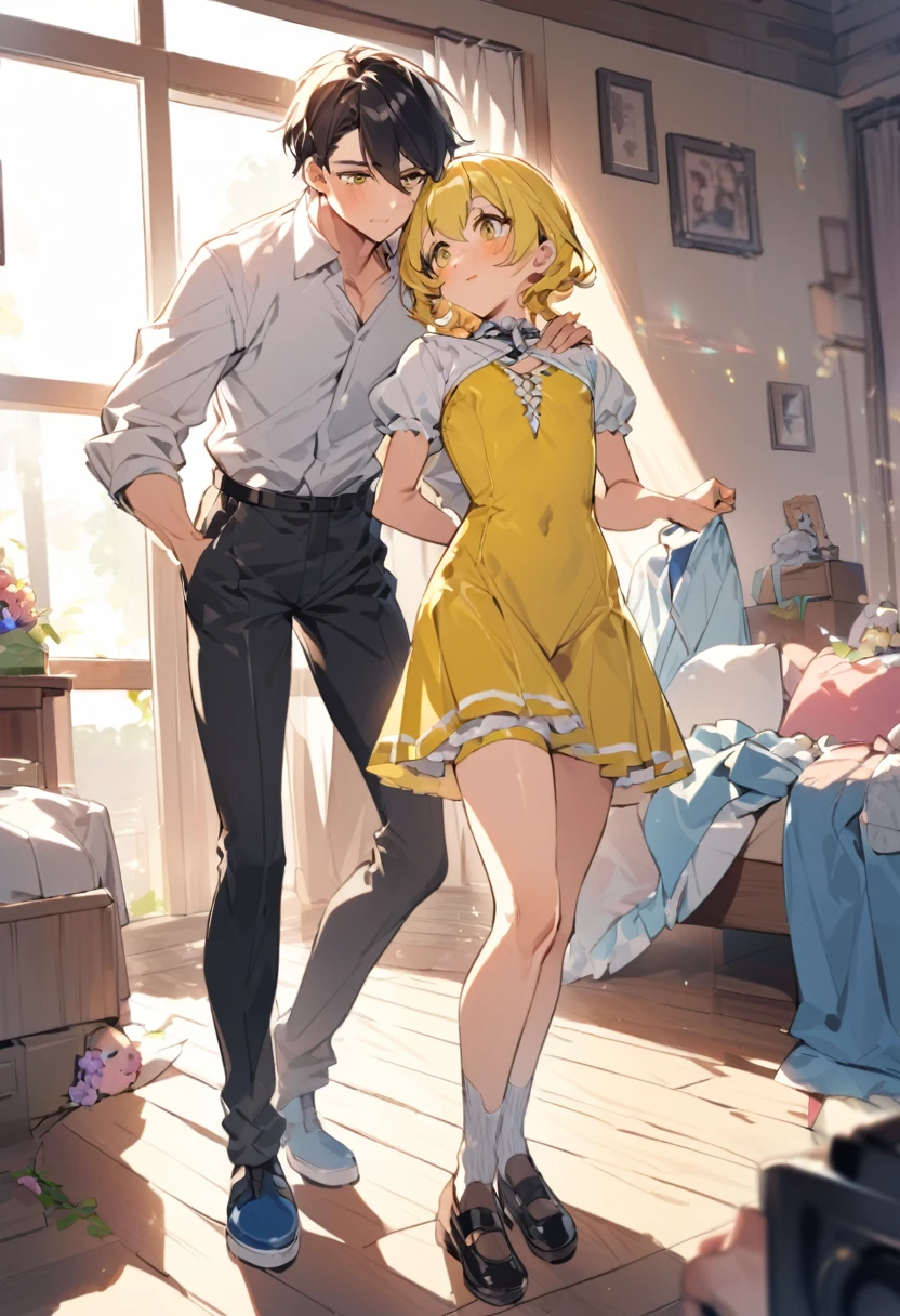 A playful sibling moment where a confident and slightly mischievous 20-year-old sister has successfully convinced her younger brother to engage in a bit of crossdressing fun. The brother, though initially embarrassed, now finds himself dressed as an alluring young woman, wearing a vibrant yellow one-piece knee-length dress that hugs his body, revealing his youthful and shapely legs adorned with sheer stockings. His cheeks are tinted with a soft blush, and his eyes sparkle with a touch of mascara and eyeliner that accentuate his natural features. His short hair has been styled to give him a more feminine look, adding to the transformation. The sister, on the other hand, is casually dressed in a contrasting white hoodie that draws attention to her toned arms and a pair of hot, tight shorts that show off her athletic physique. She completes her look with a pair of stylish socks and shoes, a knowing smile playing on her lips as she stands next to her brother. The room is filled with an array of colorful accessories and clothing scattered on the floor, indicating the light-hearted and spontaneous nature of their activity. The brother's posture is a mix of discomfort and curiosity, as he glances down at his unfamiliar attire. The sister's hand rests gently on his shoulder, offering reassurance and encouragement, while her other hand holds a camera phone, ready to capture the moment forever. Despite the brother's trepidation, the love and bond between the siblings is undeniable, creating a scene that is both amusing and heartwarming.