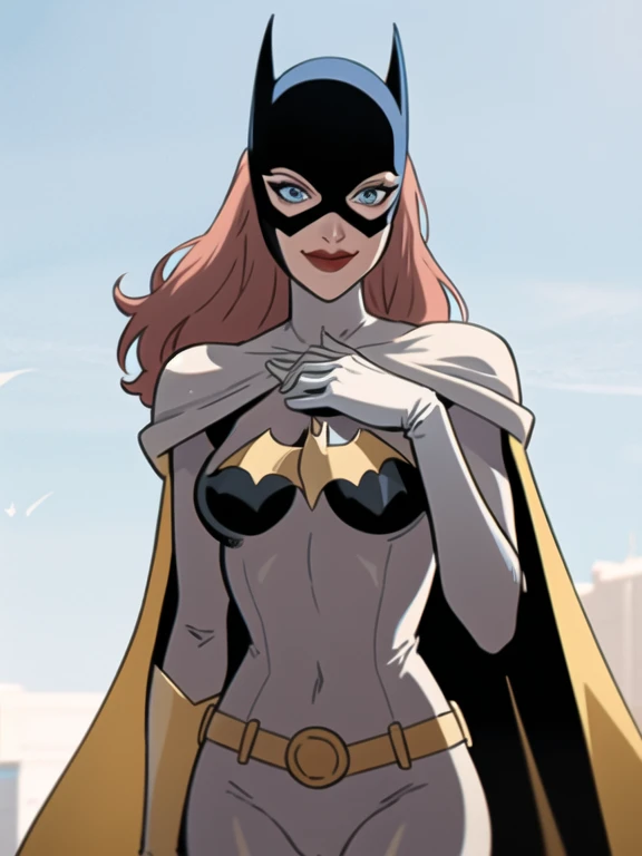 BarbaraG, 1girl, solo, long white cape, white mask, belt, white gloves, blue eyes, superhero, long hair, grey bodysuit, lipstick, batgirl, park, smile, cape under her shoulders