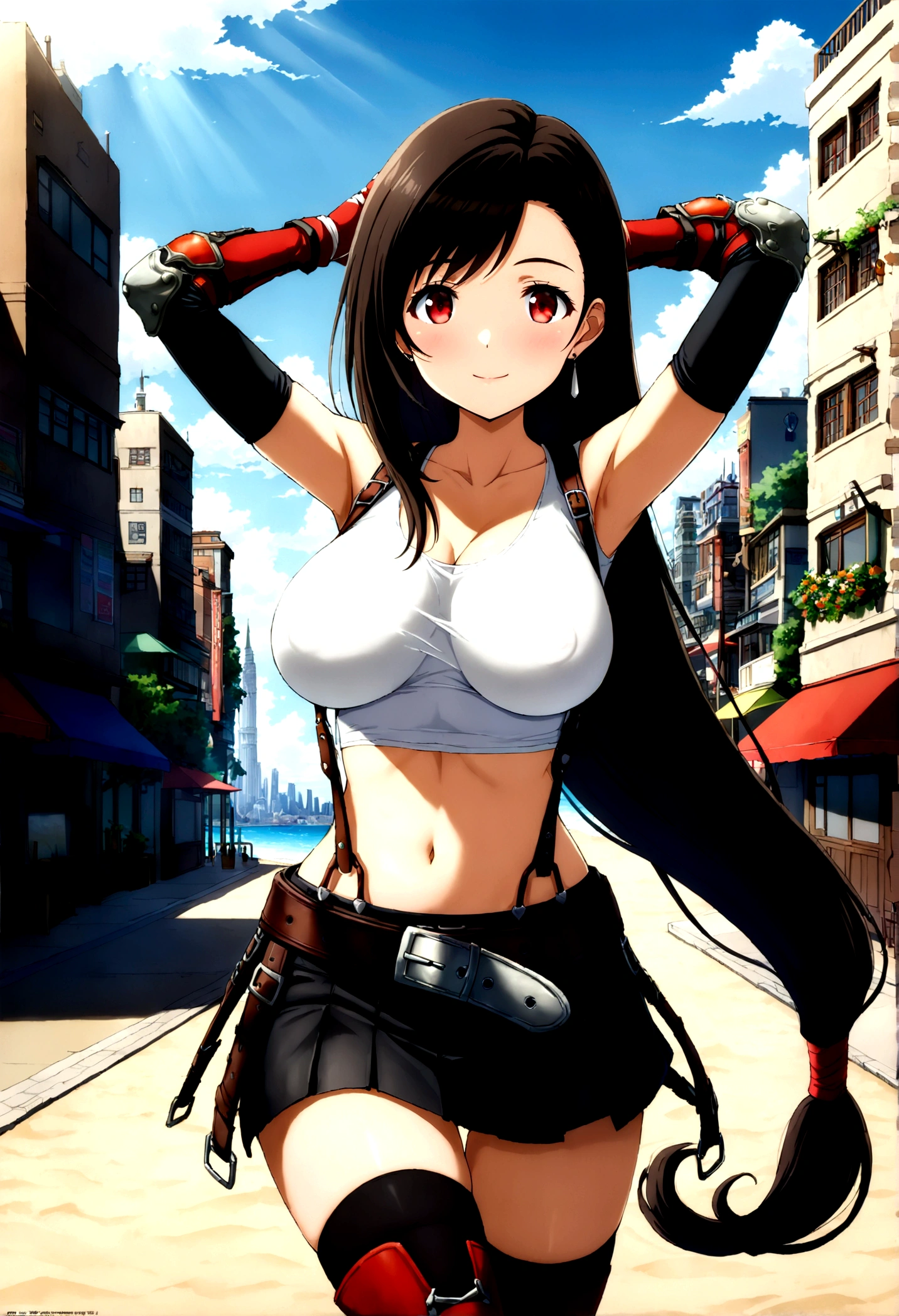 score_9, score_8_up, score_7_up, ,, ,(from front.side_view,,(soro focus),standing,straight-on,e,(arms up,arms behind head,),(mediumshot:1),looking_at_viewer ,1girl, tifa lockhart, final fantasy,(beautiful woman). tareme,black hair, low-tied long hair, red eyes, bangs, white tank top, belt, pleated skirt, thighhighs, elbow fingerless gloves, elbow pads, midriff, navel,suspender skirt . ,(large_breasts:1),(perky breasts;1),(light smile),,,Solo,,(daytime and beachside and city),(masterpeace),(best quality),(aesthetic,very aesthetic),,highly detailed),megami_magazine,professional lighting,cinematic lighting,