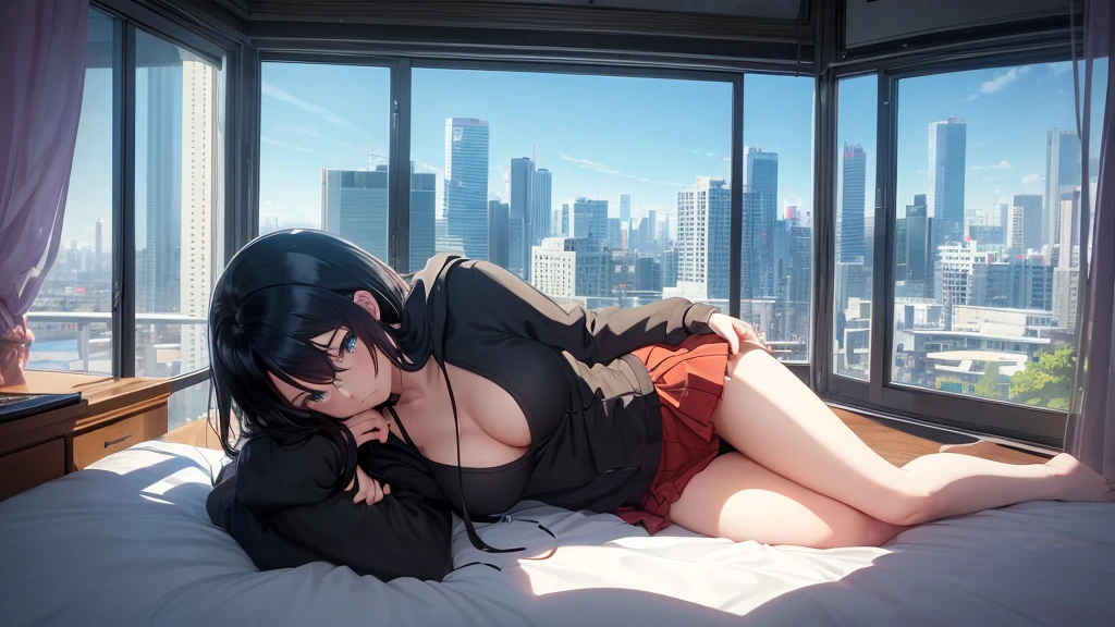 Absurd, Ultra-high resolution, (Official Art, beautifully、mysterious:1.2), Correct human body composition, Attractive body, Striking eyes, length, Shiny black hair, Larger than average bust, Girl listening to music with headphones, Looking out the window, Coffee on the desk, lo-fi girl, Oversized hoodie and short skirt, Makoto Shinkai and Artgelm, Anime atmosphere, Lofi Art Style, Anime style 8k, Anime Aesthetics, Lo-fi feel, Anime Art Wallpapers 8K, An atmosphere of praise, City Room, age Girl's Room, A room for music lovers, city view from the window, Impressive cityscape, Bright sky