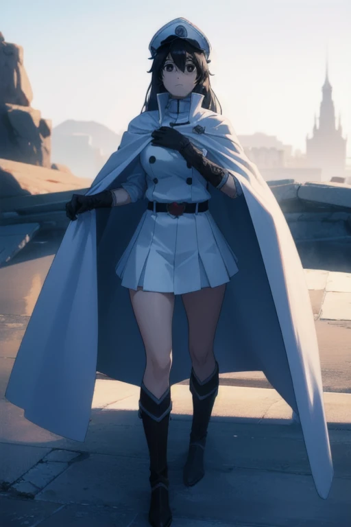 bambietta, bambietta basterbine, long hair, black hair, (black eyes:1.5), (medium breast:1.2),
BREAK skirt, gloves, boots, belt, cape, cloak, white cloak, hat, cap,
BREAK looking at viewer,
BREAK outdoors,
BREAK (masterpiece:1.2), best quality, high resolution, unity 8k wallpaper, (illustration:0.8), (beautiful detailed eyes:1.6), extremely detailed face, perfect lighting, extremely detailed CG, (perfect hands, perfect anatomy),