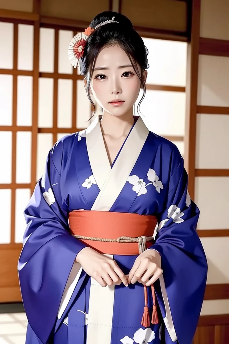 A beautiful woman in a kimono is tied up and tortured