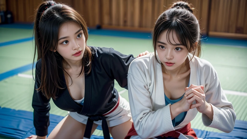 ((Match ring in the gym, two beautiful girls competing in a judo ring on a tatami mat:1.2)), hole body, (((Judo stance:1.2))), slim body line, Small and slim figure, (small breasts, Decollete), ((Wearing a formal judo uniform:1.3, black belt)), ((detailed eyes and face:1.2, Professional photography techniques)), (highest quality, 8K, masterpiece:1.2, RAW photos), (realisti:1.3), (detailed hands)