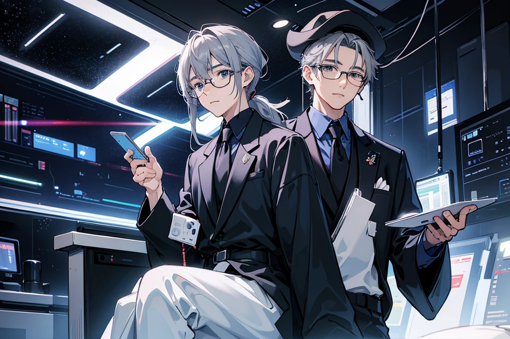(Mastepiece)(High definition)Japanese male android in his 20s、Gray Hair、ponytail、hat、Tuxedo、tie、Wearing round rimless glasses、Sitting、It is connected to the machine by multiple cables.(charging)、background(A science fiction-like electronic world、A space that feels like the inside of a machine、Virtual space、Near future)