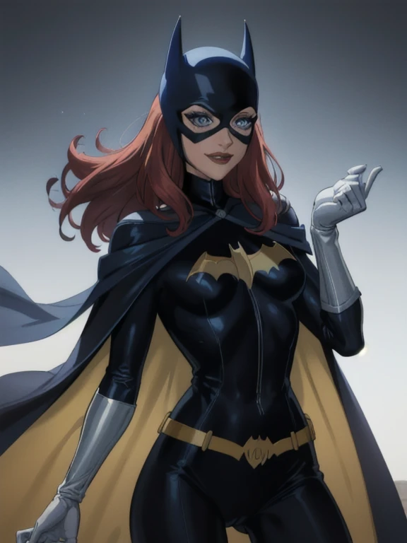 BarbaraG, 1girl, solo, blue cape, blue cloak, blue mask, belt, white gloves, blue eyes, superhero, long hair, grey bodysuit, lipstick, batgirl, park, smile, under her shoulders