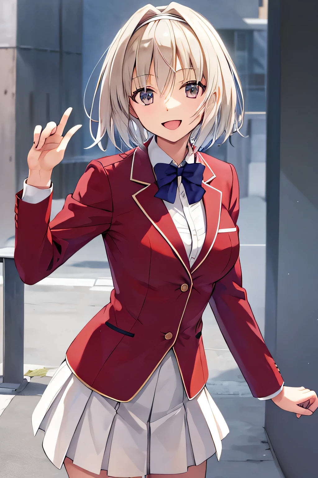 masterpiece, Highest quality, High resolution, Akio, short hair, Hair Intake, White hair band, Blue bow tie, Collared shirt, blazer, Red jacket, Long sleeve, White Skirt, Pleated skirt, Black socks, Cowboy Shot, Are standing, Outdoor, straight, Place your arms at your sides, smile, Open your mouth,