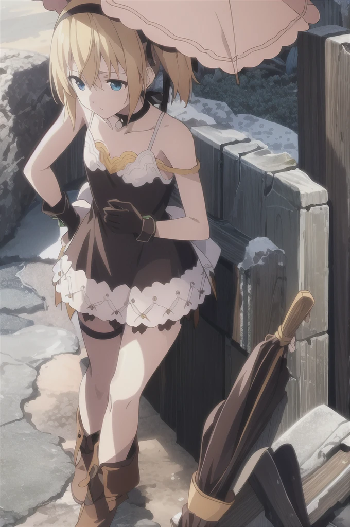 ((masterpiece)),((Highest quality)),Very detailed,Raising awareness,Explicit,beautiful body,beautiful Nose,beautiful character design,Perfect Eyes,Perfect Face,wallpaper,Ultra-high resolution,4K,photograph,(beautiful,Small breasts:1.2),(beautiful顔:1.2),beautiful足,Perfect Legs,Shiny skin,Official Style,Browsing Caution,Official Art,Create a screen capture,Anime Coloring,
One Girl,alone,umbrella,blonde,short hair,choker,Side Ponytail,ribbon,blue eyes,black choker,gloves,leg ribbon,片手gloves,hair band,whole body,hair ribbon,dress,View your viewers,tress ribbon,boots,Are standing,white dress,skirt,clavicle,Beach,Outdoor,Day,
