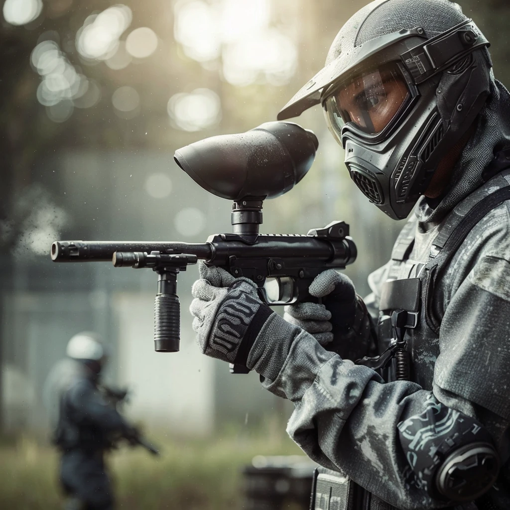 close up image, a man wearing a gray paintball uniform, wearing a goggles helmet, wearing halfface helmet, holding a paintball rifle, the man is shooting at his enemies in the paintball arena, the blurry background shows the atmosphere of a paintball arena in a field, realistic, cinematic, very detailed, very complex