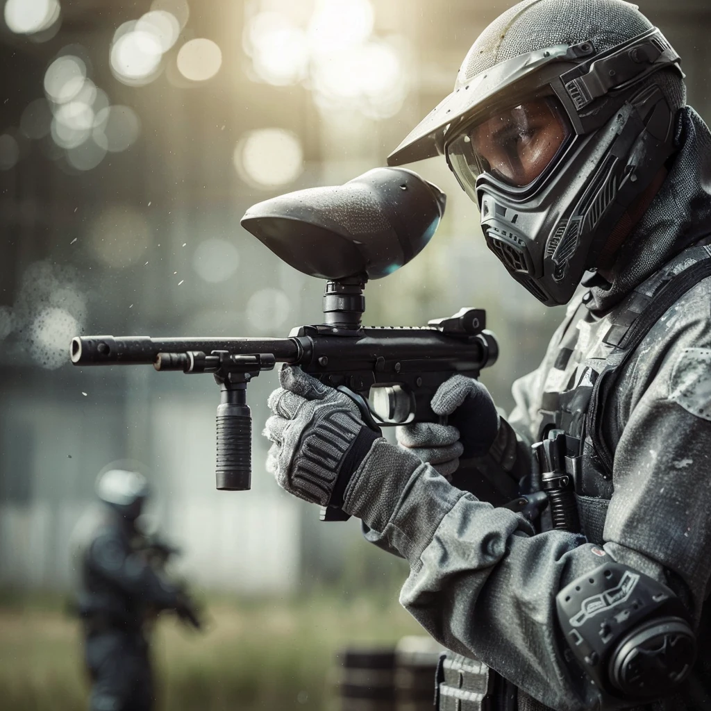 close up image, a man wearing a gray paintball uniform, wearing a goggles helmet, wearing halfface helmet, holding a paintball rifle, the man is shooting at his enemies in the paintball arena, the blurry background shows the atmosphere of a paintball arena in a field, realistic, cinematic, very detailed, very complex